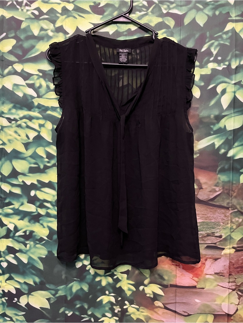 Bob Mackie Black Sleeveless Tie-Front Ruffle Blouse